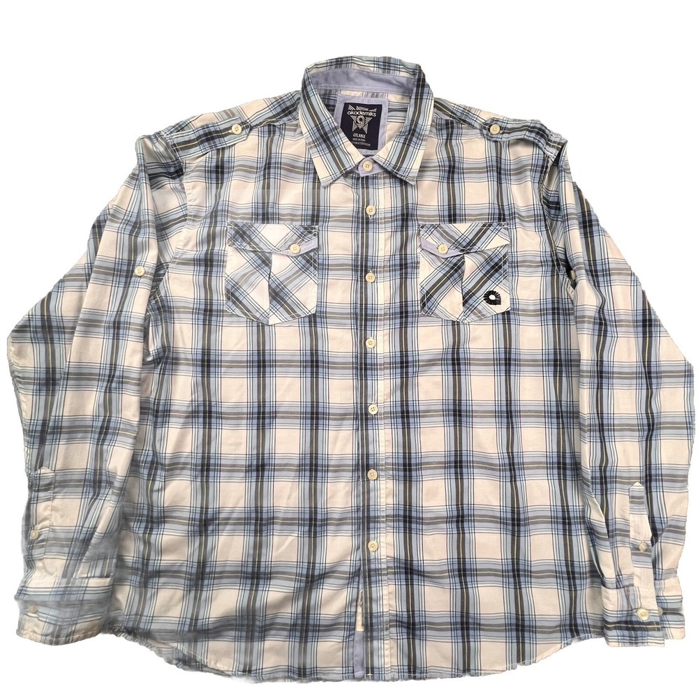 Akademiks Button Down Shirt Men 4XL Blue White Plaid Long Sleeve Epaulet Utility